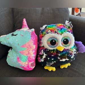 Colorful Sequin Owl and Unicorn pillows